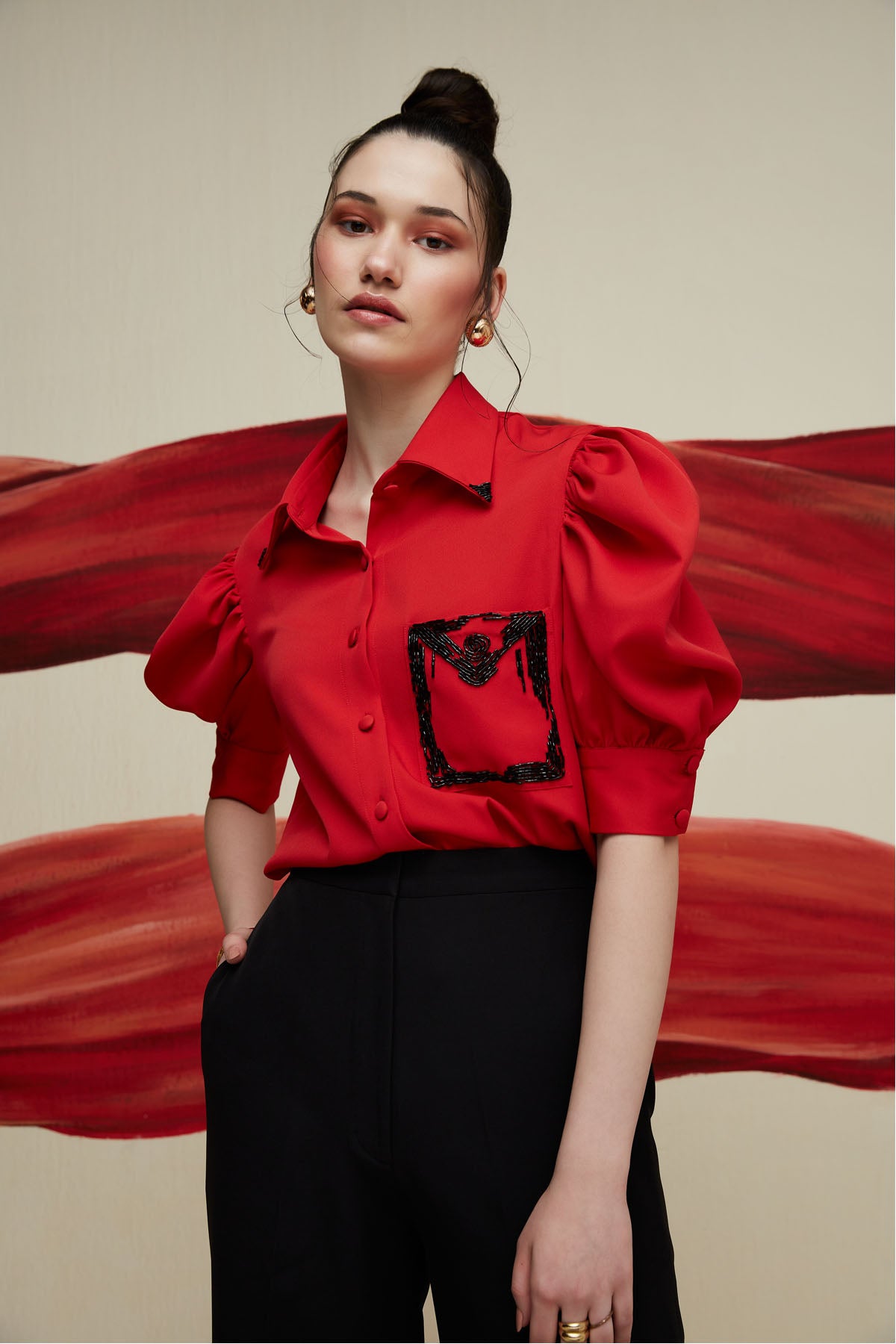 Shirt Womens Black And Red Square Shirt Pocket Square Shirt